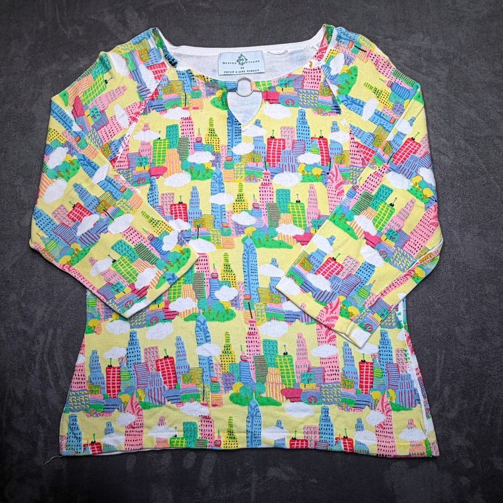Vtg Design Options Skyline Knit Top Women S Yellow Cityscape Keyhole Art to Wear